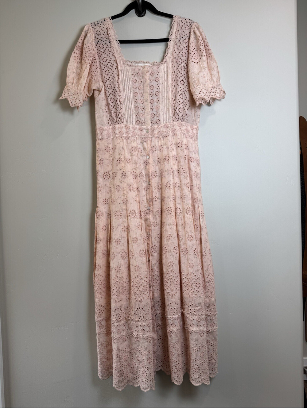 LoveShackFancy Helena Pink Eyelet Floral Square Neck Puff Sleeve Maxi Dress SZ 8
